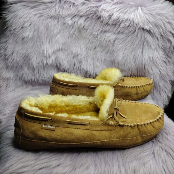 LL Bean Men's Brown Suede Wicked Good Shearling Lined Slipper Moc II Size 14 - Picture 2 of 8